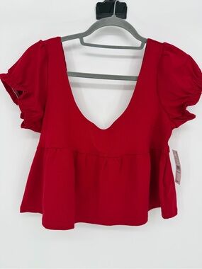 Your Favorite Women's Red Deep V Peplum Tunic with Ruffle Sleeves